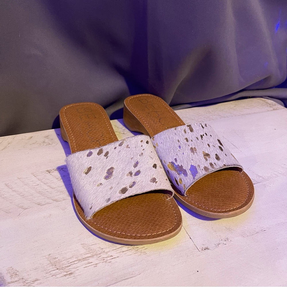 Womens Real Cowhide Slides Gold & White